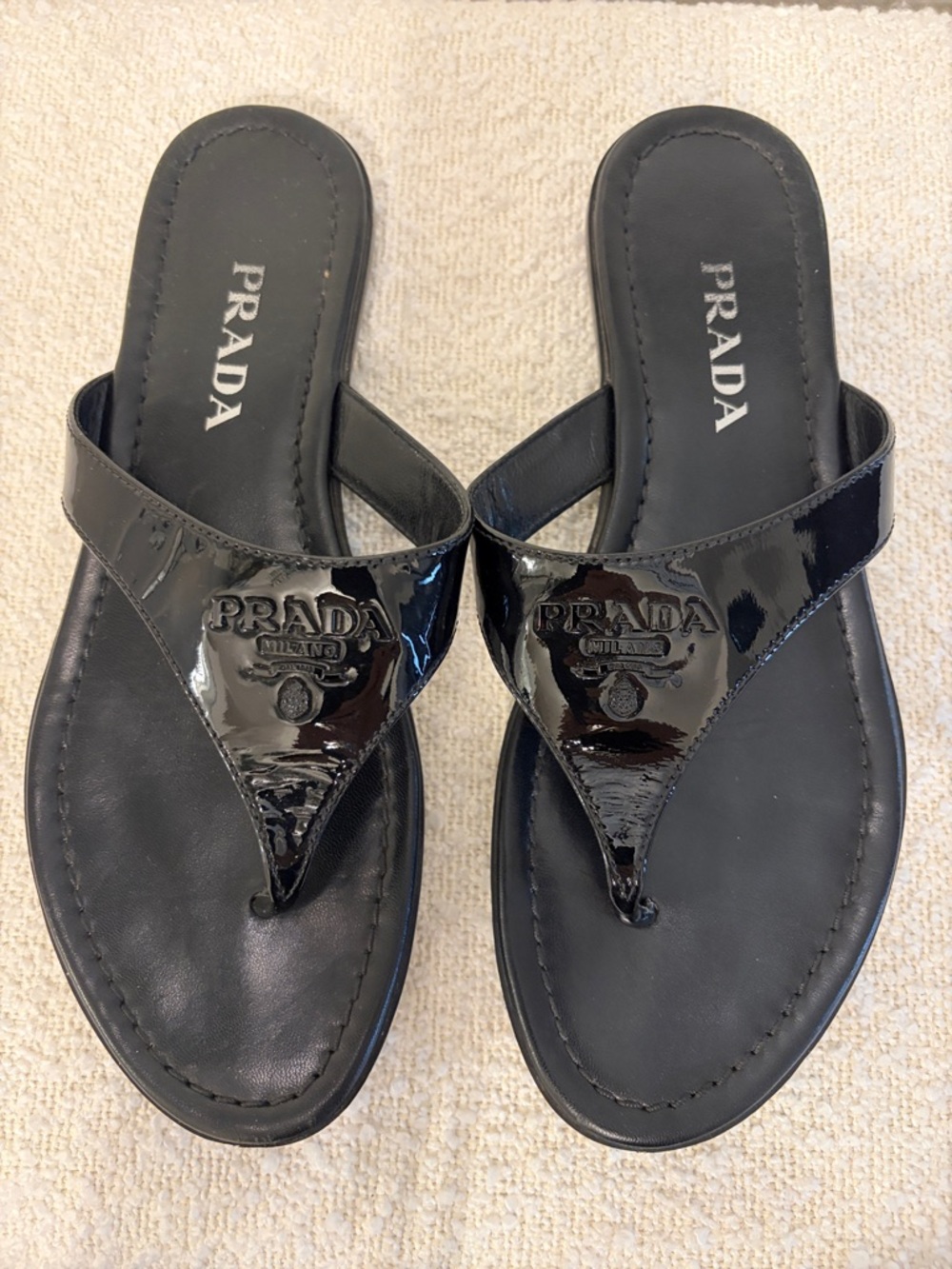 Prada Black Patent Leather Logo Thong Sandals - Women's Sz:37